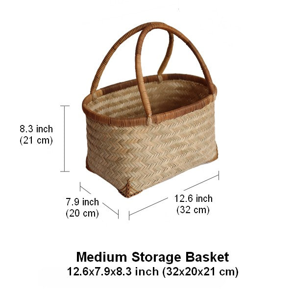 Storage Basket with Handle, Large Kitchen Storage Baskets, Natural Hand-woven Bamboo Storage Basket, Lovely Bamboo Weaving Baskets for Vegetable, Picnic Fruit Storage Baskets-Silvia Home Craft