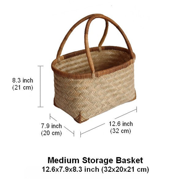 Storage Basket with Handle, Large Kitchen Storage Baskets, Natural Hand-woven Bamboo Storage Basket, Lovely Bamboo Weaving Baskets for Vegetable, Picnic Fruit Storage Baskets-Silvia Home Craft