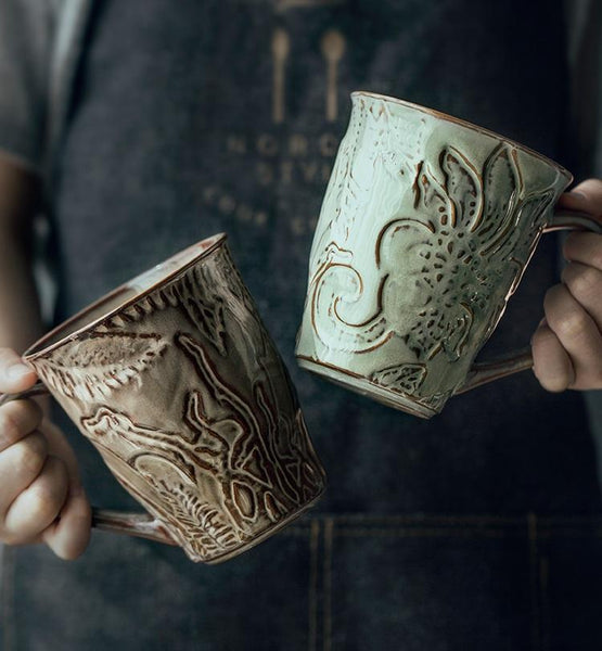 Green Ceramic Coffee Mug, Birthday Gifts, Stoneware Coffee Mugs, Handmade Pottery Coffee Mug, Large Capacity Coffee Cups-Silvia Home Craft