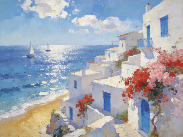 Original Oil Paintings, Santorini's Seaside Symphony, Seashore Paintings, Summer Resort, Hand Painted Canvas Art, Small Canvas Paintings, Landscape Wall Art Paintings, Landscape Paintings for Living Room-Silvia Home Craft