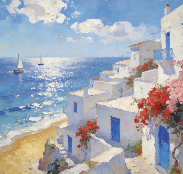 Original Oil Paintings, Santorini's Seaside Symphony, Seashore Paintings, Summer Resort, Hand Painted Canvas Art, Small Canvas Paintings, Landscape Wall Art Paintings, Landscape Paintings for Living Room-Silvia Home Craft