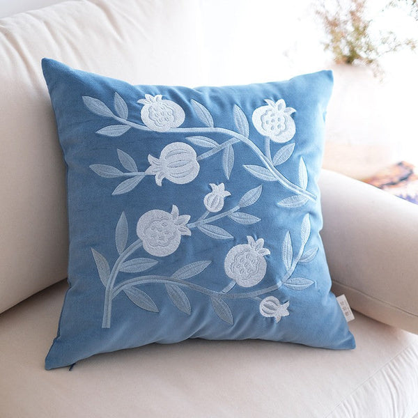 Living Room Decorative Pillows, Blue Embroidered Pomegranate Cushion, Large Decorative Pillows for Couch, Modern Throw Pillows for Bedroom, Decorative Pillow Arrangement Ideas for Couch-Silvia Home Craft