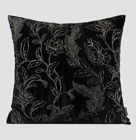 Contemporary Modern Sofa Pillows, Black Embroidery Flower Pattern Pillows for Couch, Decorative Throw Pillows for Bedroom, Large Modern Sofa Pillow for Dining Room-Silvia Home Craft