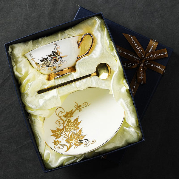Golden Leaves and Grapes Porcelain Tea Cup Saucer Set, 7.4 oz British Tea Cup and Saucer in Gift Box, Elegant British Ceramic Coffee Cups-Silvia Home Craft