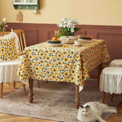 Modern Rectangle Tablecloth for Dining Room Table, Yellow Sunflower Pattern Farmhouse Table Cloth, Square Tablecloth for Round Table-Silvia Home Craft