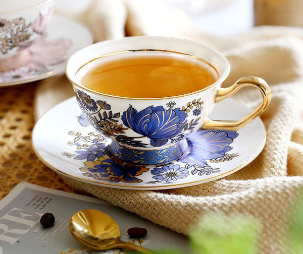 Afternoon British Tea Cups, Unique Iris Flower Tea Cups and Saucers in Gift Box, Elegant Ceramic Coffee Cups, Royal Bone China Porcelain Tea Cup Set-Silvia Home Craft