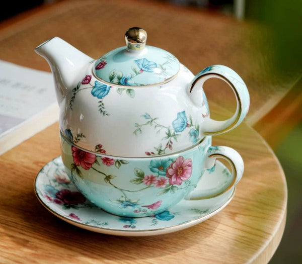 Porcelain Teapot with Matching Cup and Saucer in Gift Box, Stackable Teapot and Cup Set, Ceramic Tea Pot with Integrated Cup, Mother and Baby Teapot with Matching Saucer-Silvia Home Craft