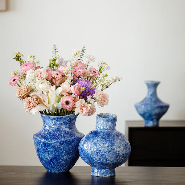 Modern Pottery Flower Vases, Handmade Water Holding Flower Vases, Centerpiece on Dining Table, Blue Pottery Bud Vases, Large Flower Vases on Table-Silvia Home Craft