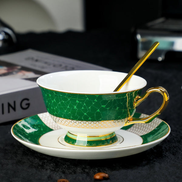 Porcelain Tea Cup and Saucer Set, British Ceramic Tea Cup and Saucer Set, Elegant Green Coffee Cups, British Royal Tea Cup and Saucer Set in Gift Box-Silvia Home Craft
