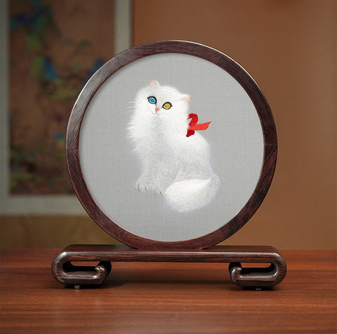 Exclusive Business Present, Lovely Kitty Cat Embroidered Decor, Premium Souvenir, Unique Birthday Gift, Traditional Chinese Suzhou Kitten Embroidery Ornament-Silvia Home Craft