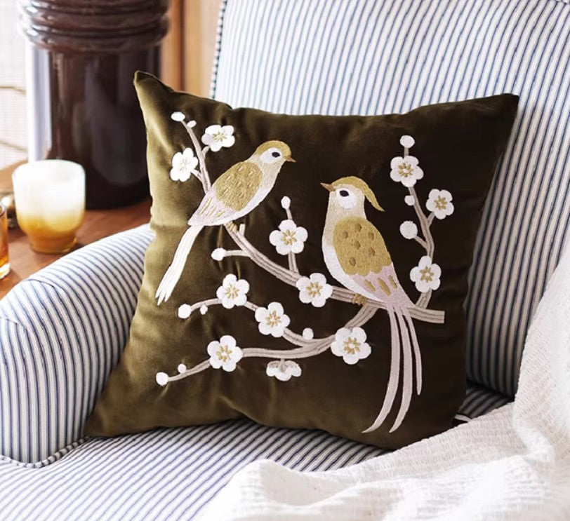 Vintage Decorative Pillows, Embroidered Birds Cushion For Couch, Rustic Home Accent Pillows