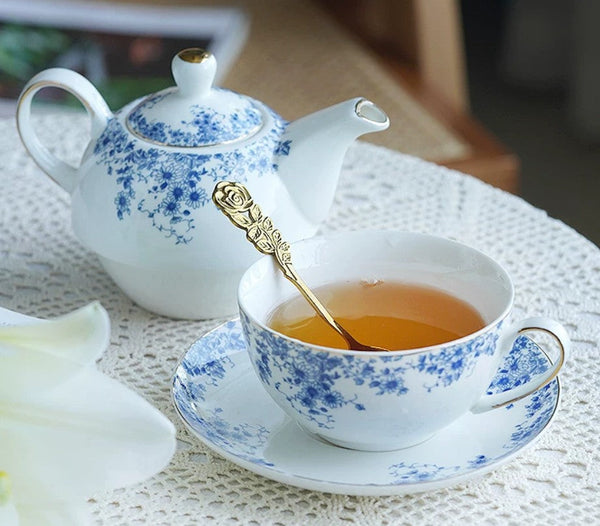 British Style Porcelain Teapot with Matching Cup and Saucer in Gift Box, Ceramic Tea Pot with Integrated Cup, Stackable Teapot and Cup Set, Mother-and-Baby Teapot with Matching Saucer-Silvia Home Craft