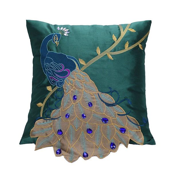 Decorative Sofa Pillows, Decorative Pillows for Couch, Beautiful Decorative Throw Pillows, Green Embroider Peacock Cotton and linen Pillow Cover-Silvia Home Craft