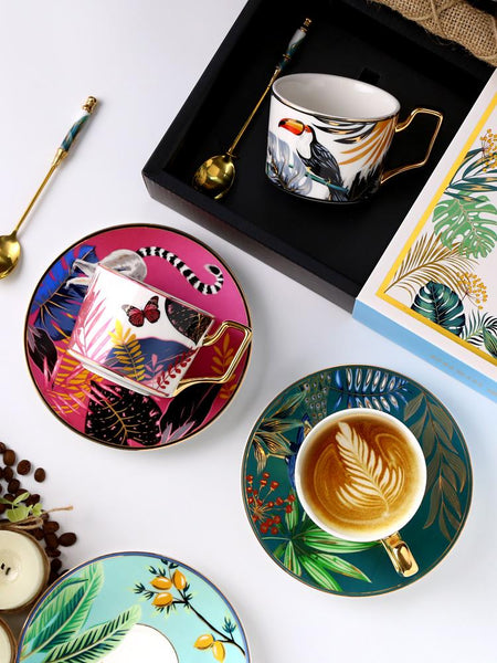 Elegant Tea Cups and Saucers, Jungle Toucan Pattern Porcelain Coffee Cups, Coffee Cups with Gold Trim and Gift Box-Silvia Home Craft