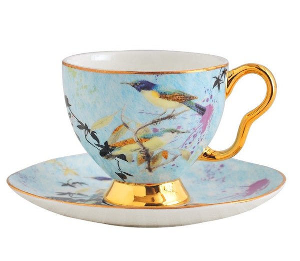 Elegant Ceramic Coffee Cups, Unique Bird Flower Tea Cups and Saucers in Gift Box as Birthday Gift, Beautiful British Tea Cups, Royal Bone China Porcelain Tea Cup Set-Silvia Home Craft