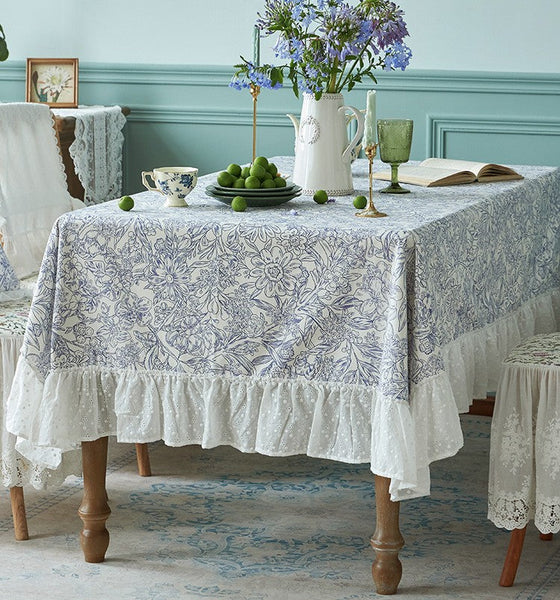 Cotton Rectangle Tablecloth for Dining Room Table, Natural Spring Farmhouse Table Cloth, Blue Flower Pattern Cotton Tablecloth, Square Tablecloth for Round Table-Silvia Home Craft