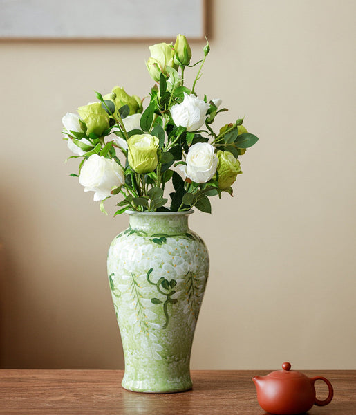 Large Flower Vases on Table, Green Porcelain Flower Vases, Centerpiece Ceramic Bud Vases, Handmade Water Holding Flower Vase-Silvia Home Craft