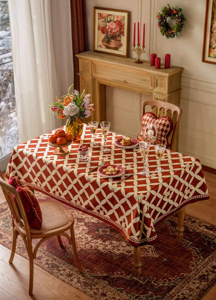 Holiday Red Tablecloth for Dining Table, Rabbit Pattern Table Cover for Dining Room Table, Modern Rectangle Tablecloth for Oval Table-Silvia Home Craft