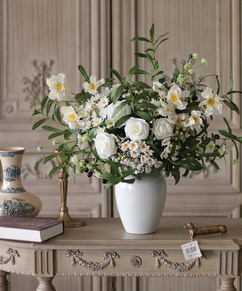 Real Touch Artificial Floral for Living Room, Large Bunch of Daisy and Rose Branch, Beautiful Spring Flower Arrangement for Home Decoration, Table Centerpiece-Silvia Home Craft