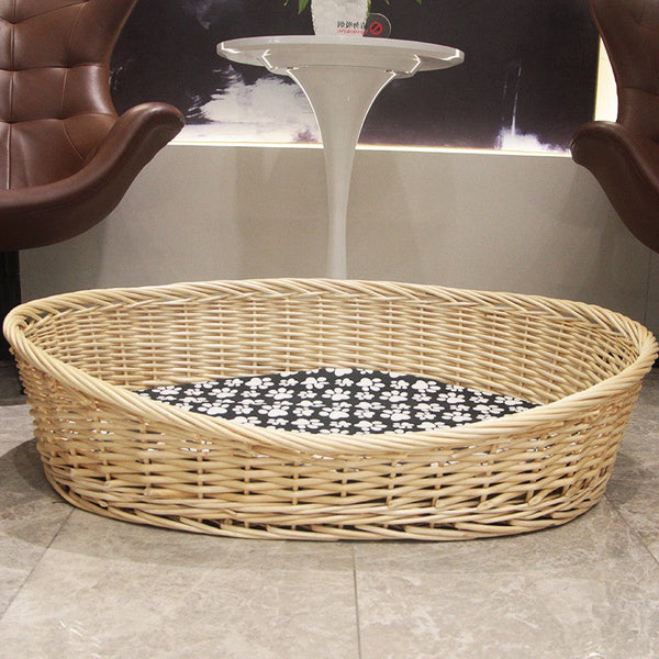 Natural Wicker Dog Bed with Washable Cushion for Indoor Cats and Dogs, Hand woven Rattan Cat Beds-Silvia Home Craft