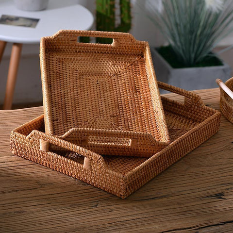 Rattan Bread Plate with Handle, Storage Baskets for Kitchen, Woven Storage Basket, Fruit Plate for Kitchen, Storage Baksets for Shelves-Silvia Home Craft