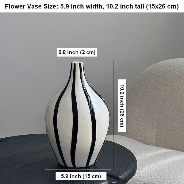 Water Holding Flower Vases, Black and White Striped Ceramic Vase, Porcelain Flower Vases, Modern Flower Vases on Table-Silvia Home Craft