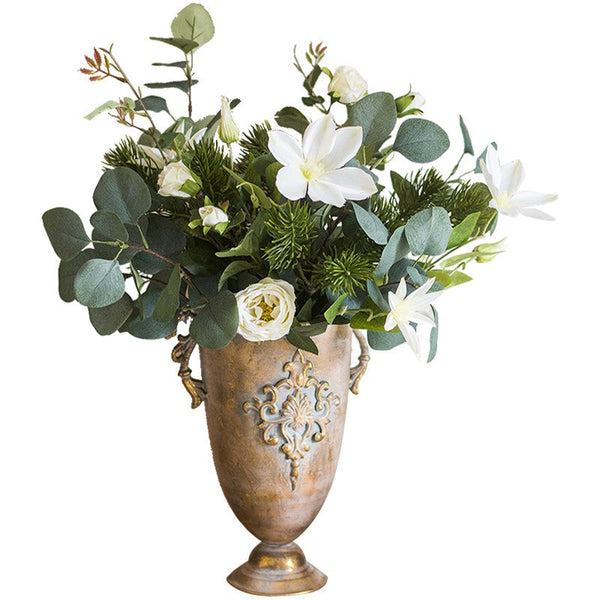 Eucalyptus Globulus, Clematis, White Rose Flowers, Unique Flower Arrangement for Home Decoration, Beautiful Modern Artificial Flowers for Dining Room Table-Silvia Home Craft