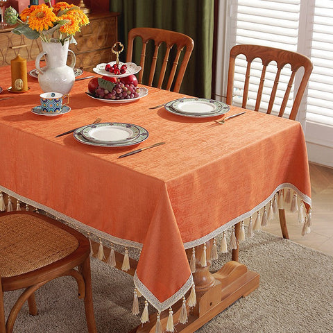 Modern Rectangle Tablecloth, Large Simple Table Cover for Dining Room Table, Orange Fringes Tablecloth for Home Decoration, Square Tablecloth for Round Table-Silvia Home Craft