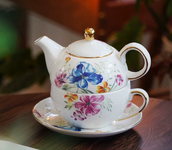 Ceramic Tea Pot with Integrated Cup, Stackable Teapot and Cup Set, Porcelain Teapot with Matching Cup and Saucer in Gift Box, Mother and Baby Teapot with Matching Saucer-Silvia Home Craft