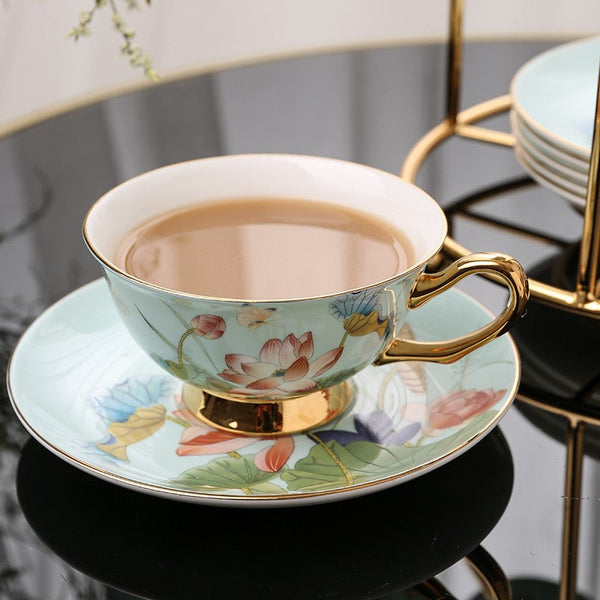 Lotus Flower Porcelain Tea Cup Saucer Set, Unique British Tea Cup and Saucer in Gift Box, Elegant British Ceramic Coffee Cups-Silvia Home Craft