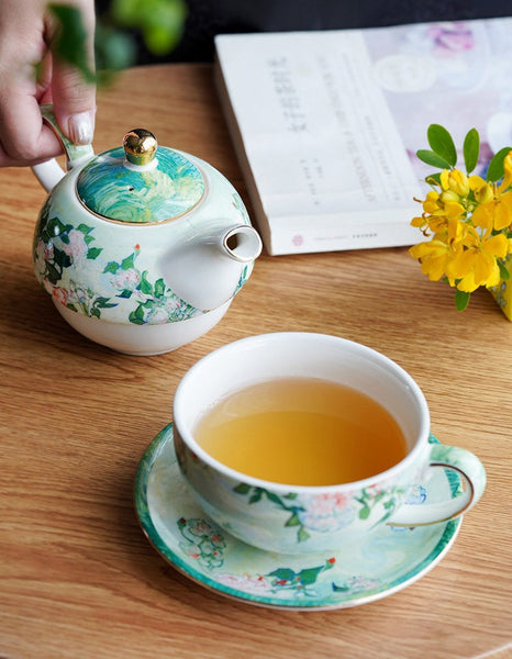 Vintage Style Stackable Tea Pot Set, English Style Tea Pot and Cup Set, Ceramic Tea Pot with Integrated Cup, Mother-and-Baby Teapot with Matching Saucer-Silvia Home Craft