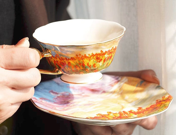 Elegant Ceramic Coffee Cups, Flower Field Vintage Porcelain Tea Cup Saucer Set, Unique British Tea Cup and Saucer in Gift Box, Royal Ceramic Cups-Silvia Home Craft