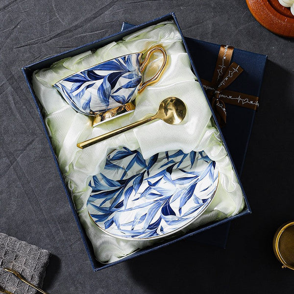 Blue Porcelain Tea Cup Saucer Set, 7.4 oz British Ceramic Coffee Cups, Unique British Tea Cup and Saucer in Gift Box-Silvia Home Craft