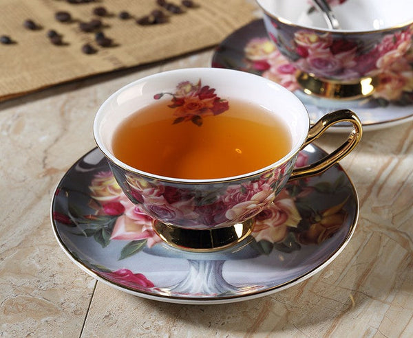 Ceramic Tea Cups and Saucers in Gift Box, Rose Flower Royal Bone China Porcelain Tea Cup Set, Elegant Ceramic Coffee Cups, Beautiful British Tea Cups-Silvia Home Craft
