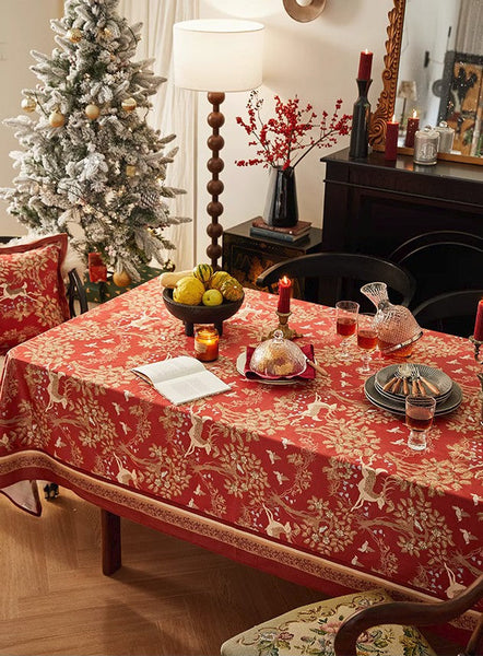 Long Modern Rectangular Tablecloth for Dining Room Table, Forest Deer Red Table Covers, Square Tablecloth for Kitchen, Extra Large Tablecloth for Round Table-Silvia Home Craft