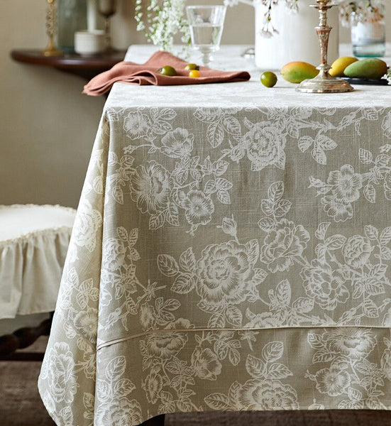 French Flower Pattern Tablecloth for Round Table, Vintage Rectangle Tablecloth for Dining Room Table, Rustic Farmhouse Table Cover for Kitchen-Silvia Home Craft