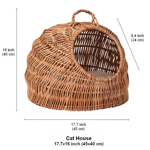 Indoor Cat Bed, Natural Wicker Cat House Basket with Washable Cushion for Indoor Cats and Dogs-Silvia Home Craft