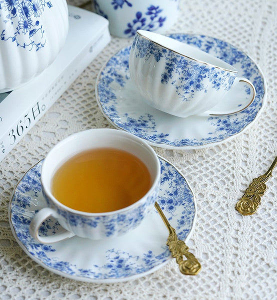 Blue Porcelain Tea Cup Saucer Set, British Royal Ceramic Cups for Traditional Afternoon Tea, Unique Blue Tea Cup and Saucer in Gift Box, Elegant Ceramic Coffee Cups-Silvia Home Craft