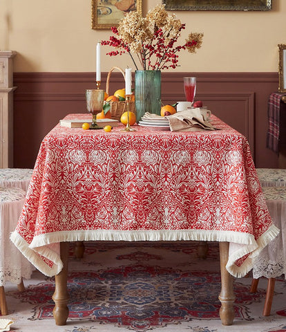 Large Fiberflax Rectangle Tablecloth for Home Decoration, Red Flower Pattern Tablecloth for Holiday Decoration, Square Tablecloth for Round Table-Silvia Home Craft