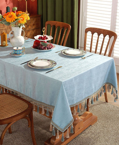 Light Blue Fringes Tablecloth for Home Decoration, Square Tablecloth for Round Table, Modern Rectangle Tablecloth, Large Simple Table Cloth for Dining Room Table-Silvia Home Craft