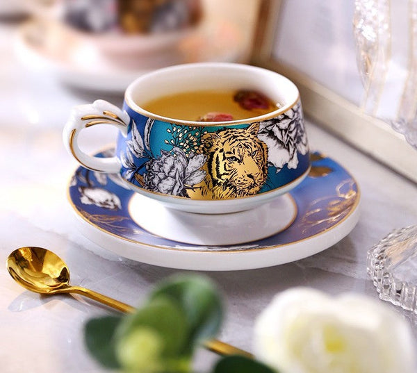 Unique Ceramic Cups with Gold Trim and Gift Box, Creative Ceramic Tea Cup and Saucer, Jungle Tiger Cheetah Porcelain Coffee Cups-Silvia Home Craft
