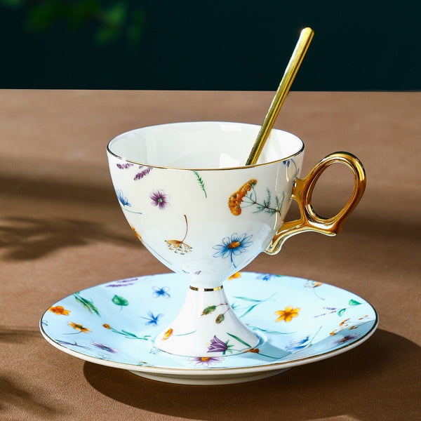 Elegant British Ceramic Coffee Cup with Saucer, 6.8 oz Tea Cup and Saucer Set in Gift Box, Floral Porcelain Tea Cup and Saucer Set, Flower Ceramic Tea Cup and Saucer-Silvia Home Craft
