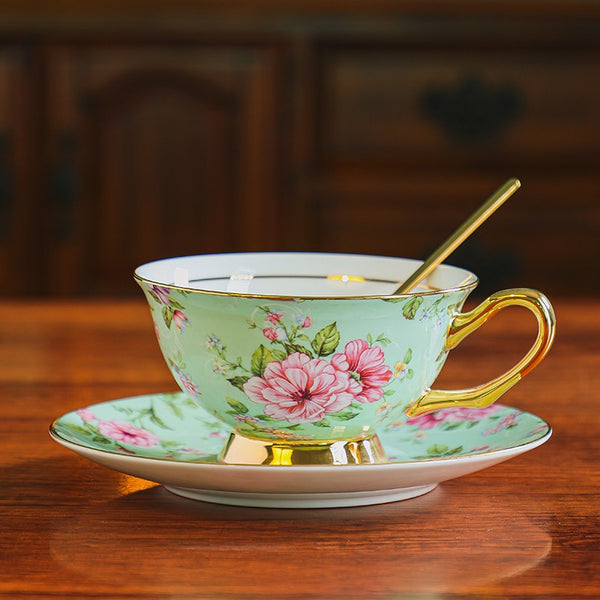 Floral Porcelain Tea Cup and Saucer Set, Afternoon British Tea Cup with Saucer, Traditional English Tea Cup and Saucer Set, Ceramic Coffee Cup with Saucer-Silvia Home Craft