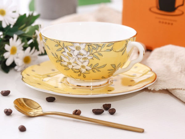 Creative Yellow Ceramic Coffee Cups, Unique Flower Coffee Cup and Saucer, Beautiful British Tea Cups, Creative Porcelain Tea Cup Set-Silvia Home Craft