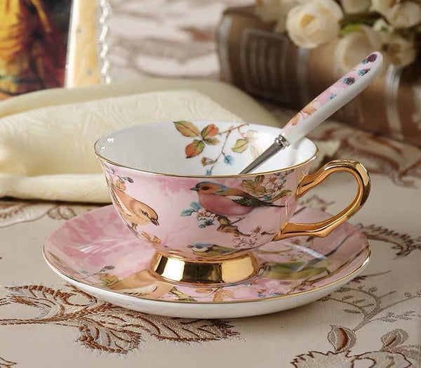 Elegant Ceramic Coffee Cups, 7.4 oz British Tea Cups, Bird Porcelain Tea Cup Saucer Set, Tea Cup and Saucer in Gift Box as Birthday Gift-Silvia Home Craft