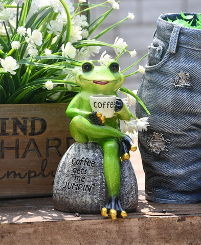 Frog Drinking Coffee Statue for Garden, Animal Statue for Garden Courtyard Ornament, Villa Outdoor Decor Gardening Ideas-Silvia Home Craft