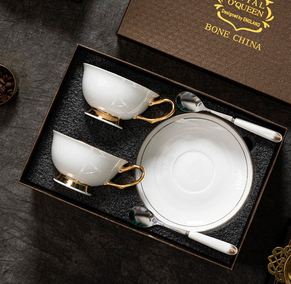 White Ceramic Cups, Elegant British Ceramic Coffee Cups, 7.8 oz Porcelain Tea Cup Saucer Set, Unique Tea Cup and Saucer in Gift Box-Silvia Home Craft