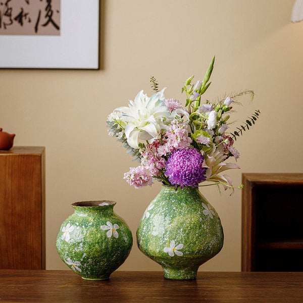 Centerpiece on Dining Table, Handmade Water Holding Flower Vases, Modern Pottery Flower Vases, Pottery Bud Vases, Large Green Flower Vases on Table-Silvia Home Craft