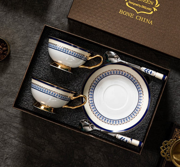 Elegant British Ceramic Coffee Cups, Unique British Tea Cup and Saucer in Gift Box, Blue Bone China Porcelain Tea Cup Set-Silvia Home Craft