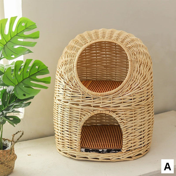 Large Double-Layer Cat Bed, Wicker Cat House Basket with Washable Cushion for Indoor Cats and Dogs-Silvia Home Craft